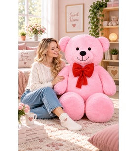 PANDAMKEE 140 cm Kırmızı Papyonlu Ayıcık (Pembe)