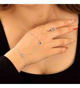 925 Ayar Gümüş Ametist Taşlı Oval Set