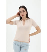 İnce Çizgili Polo Yaka Triko Kazak - Camel