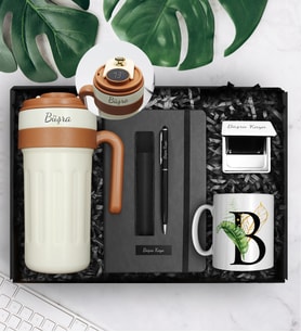 Kişiye Özel 700 ML Çelik Dereceli Termos & Kişiye Özel Defter & Deri Kılıflı Touch Pen Kalem & Harf Kupa & Kişiye Özel Ayna Hediye Seti