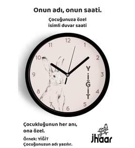İsme Özel Soyut Tavşan Çocuk Odası Duvar Saati Orta Boy 30 cm Siyah Camlı Sessiz