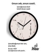 İsme Özel Soyut Tavşan Çocuk Odası Duvar Saati Orta Boy 30 cm Siyah Camlı Sessiz