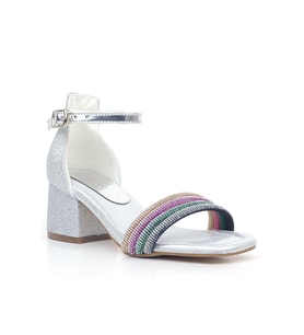 Tiara Renkli Taşlı Gümüş Kız Çocuk Abiye Topuklu Ayakkabı