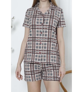 Kadın Düğmeli Şortlu Pijama Takımı Ekoseli Pamuklu Likralı Cepli MÜRDÜM
