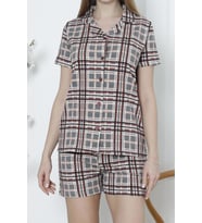 Kadın Düğmeli Şortlu Pijama Takımı Ekoseli Pamuklu Likralı Cepli MÜRDÜM