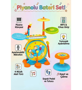 Işıklı Piyanolu Bateri Seti - Mikrofonlu, Tabureli ve MP3 Bağlantılı Çocuk Müzik Eğitim Seti