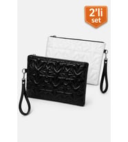 2'li Çanta Paketi Yıldız Desenli Portföy El Çantası Bilek Askılı Clutch Çanta