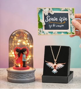 Hediye Seti Led Işıklı Sırt Sırta Çiftli Fanus ve Renkli Anka Kuşu Kolye