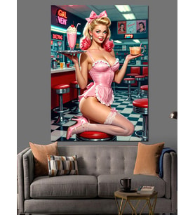 Pembe Elbiseli Pin-Up Kadın Dekoratif Kanvas - Mdf Ahşap Tablo