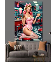 Pembe Elbiseli Pin-Up Kadın Dekoratif Kanvas - Mdf Ahşap Tablo