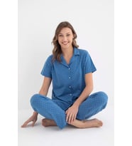 Senfoni Kadın Gömlek Yaka Kısa Kol Pamuklu Pijama Takımı 6011 -1 Adet (Mavi)