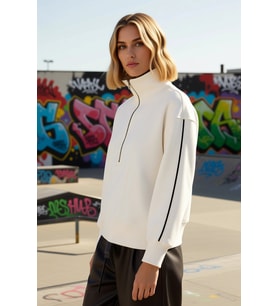 Kadın Dik Yaka Fermuarlı Düşük Kol Regular Kesim Örme Sweatshirt Fonksiyonel Dayanıklı Şık