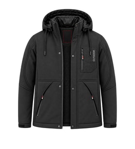 Erkek Siyah Kapüşonlu Kışlık Softshell Suya Dayanıklı Fermuarlı Cepli Outdoor Mont