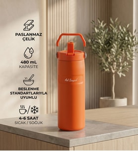 Kişiye Özel Pipetli ve Kulplu Paslanmaz Çelik Termos - 480 mL Mug Turuncu