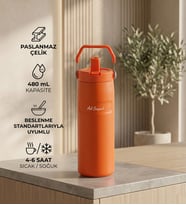 Kişiye Özel Pipetli ve Kulplu Paslanmaz Çelik Termos - 480 mL Mug Turuncu