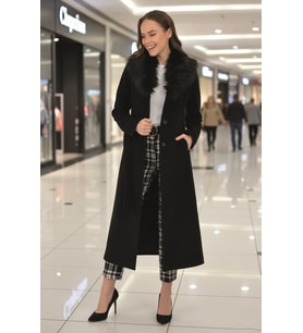 Kürk Yakalı Kadın Kaban (Siyah)
