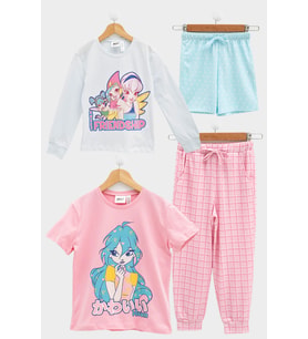 4'lü Winx Baskılı Tshirt Şort Pantolon Beyaz Takım 