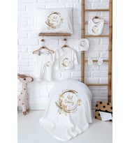 Pia Baby Premium İsmine Özel Yenidoğan Kız Bebek Hastane Çıkışı Zıbın Seti %100 Pamuk 5087-02 (Ekru)