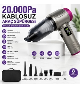 20.000Pa Kablosuz Araç Süpürgesi Şarjlı Mini El Süpürgesi Üflemeli Brushless Motorlu LCD Ekranlı 6000mAh Type-C Hızlı Şarjlı