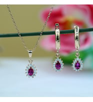 Kırmızı Beyaz Taşlı Minimal Anturaj Damla Gümüş Kolye Küpe Takım