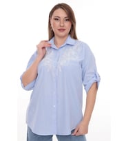 Büyük Beden %100 Cotton Nakış Detaylı Çizgili Gömlek Şık ve Rahat
