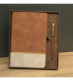 Taba Rengi Gold Detaylı Termo Deri Defter Ve Metal Roller Kalem Hediye Seti