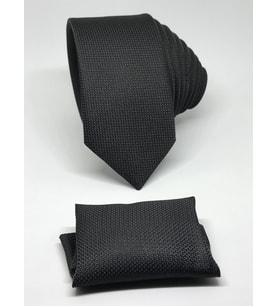 Siyah Renk Mendilli Slim Fit Oxford Kuş Gözü Desen Kravat