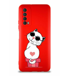 Huawei Y7A Soft Premier Kapak Coolcat Tasarımlı Silikon Kılıf - Kırmızı (Şeffaf)