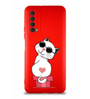 Huawei Y7A Soft Premier Kapak Coolcat Tasarımlı Silikon Kılıf - Kırmızı (Şeffaf)