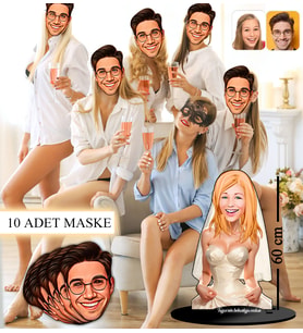 BK Gift Kişiye Özel Bekarlığa Veda Karikatürlü Dev Boy Ahşap Biblo 60cm ve 10 Adet Yüz Maskesi Seti, Arkadaşa Hediye