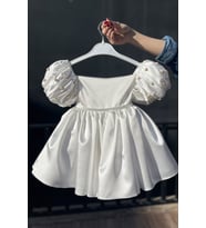 Saten Beyaz Kız Çocuk Bebek İnci Balon Kol Gelinlik Abiye Royal Elbise