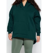 Büyük Beden Tarz Oversize Kapüşonlu Düşük Kol Regular Kalın İçi Polarlı Örme Sweatshirt