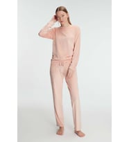 Kadın Şeftali Uzun Kollu Benek Desenli Cepli  Pamuklu Pijama Takımı (Renksiz)