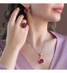 Kök Yakut Taşlı El İşi Gümüş Otantik Set