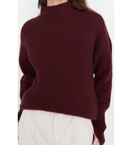 Stil Modern Kadın Regular Reglan Kol Dik Yaka Geniş Kalıp Yumuşak Dokulu Basic Triko Kazak (Bordo)