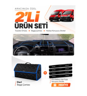 CİTROEN JUMPER (2006-2024) Uyumlu Torpido Örtüsü + Deri Bagaj Çantası + Sticker Seti - Siyah Mavi