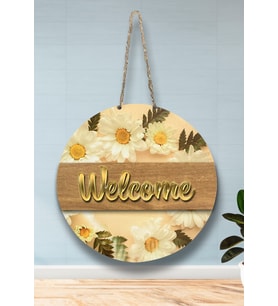 RUSTİK - RETRO - Ahşap ve Aynalı Gold Pleksi Kapı Önü Süsü - WELCOME (Sarı Papatya)