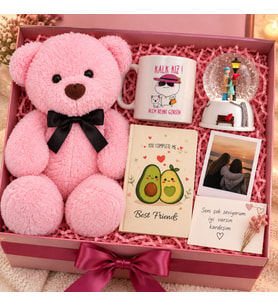 Kız Kardeşe Özel Hediye Kutusu Pembe Peluş Ayıcık Kar Küresi Kupa Best Friends Defter Kişiye Özel Fotoğraf