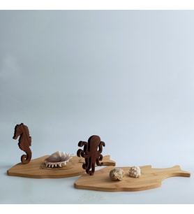 Woodensea  Deniz Canlıları Ahtapot ve Denizatı Süslmeli Ahşap Sunum Tahtaları 2 li Takım (Kahverengi-Kahve)