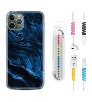 Apple iPhone 11 12 13 14 Pro Max Kılıf Kablo Koruma Spiral Silikon Blue MArble 1379