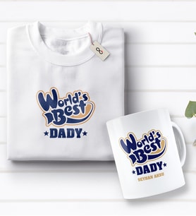 BK Gift Kişiye Özel Dünyanın En İyi Babası Tasarımlı Beyaz Tişört ve Kupa Seti-3 (Model 1)
