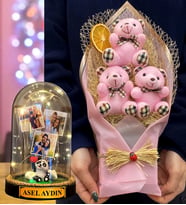 Size Özel 3 Fotoğraflı İsimli Led Işıklı Fanus ve Büyük Boy Pembe Ayıcık Buketi (Model 4)