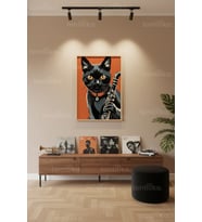 Klarinetli Siyah Kedi 1. Kalite Ahşap Çerçeveli Dekoratif Tablo – Tekli