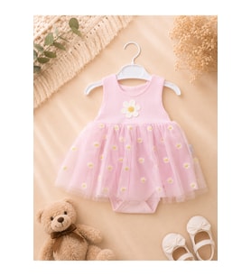 Kız Bebek Papatya Desenli Tüllü Body Elbise – Şık Tütü Elbise Görünümlü Çıtçıtlı Bebek Body