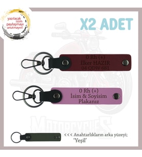 Sevdiğine İsim Plaka ve 0 Rh (+) Kan Grubu Yazılı Anlamlı Hediye Deri x2 Anahtarlık, Pembe-Bordo-Ysl (Çok Renkli)