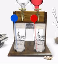 BK Gift Kişiye Özel Renkli Baskılı Kız Kulesi Tasarımlı İkili Vodka Bardağı ve Çift Musluklu Doğal Ahşap Vodka Standı-2 (Model 1)