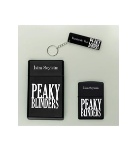 Peaky Blinders Desenli Kişiye Özel İsimli Metal Tabaka, Benzinli Çakmak Ve Pleksi Anahtarlık Seti