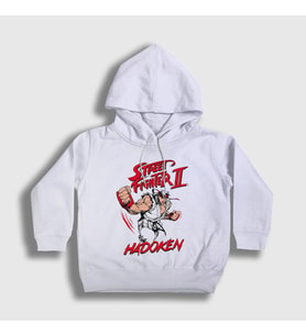 Presmono Unisex Çocuk Beyaz Ryu Hadoken Street Fighter Kapüşonlu Sweatshirt 411111tt