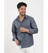Lacivert Erkek Regular Fit Melanj Desenli Düğmeli Yaka Uzun Kol Gömlek