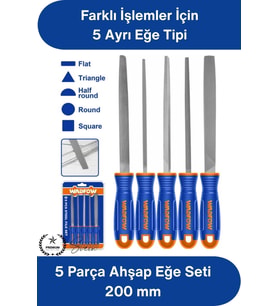 #EğeSeti 5 Parça Metal Eğe Seti 200 mm Karbon Çelik Orta Pürüzlü Düz Yuvarlak Yarım Yuvarlak Kare Üç